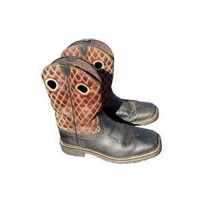 Justin Boys 4D Leather Cowboy Boots Brown Black Western Square Toe Youth